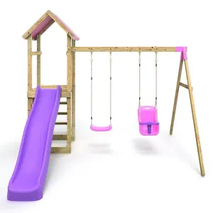 Rebo Adventure Wooden Climbing Frame, Swing Set and Slide - Rainier Pink