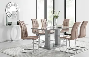 Imperia Grey High Gloss 6 Seater Dining Table with Structural 2 Plinth Column Legs 6 Beige Padded Faux Leather Murano Chairs