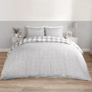 Gingham Duvet Cover Reversible Bedding Set, Grey - Double