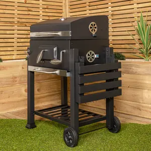 Samuel Alexander 115x46x106cm Black Steel Portable Rectangular BBQ Trolley with Thermometer Gauge and Cover