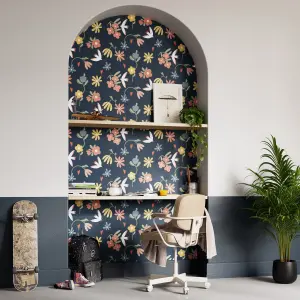 GoodHome Blitz Navy & Multicolour Flowers Textured Wallpaper