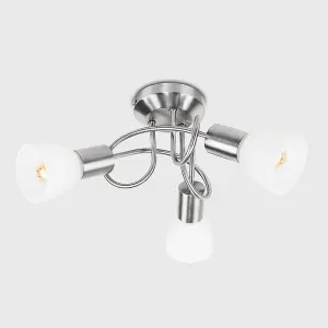 ValueLights Modern 3 Way Brushed Chrome Flush Curved Swirl Arm Ceiling Light with Frosted Opal Glass Shades