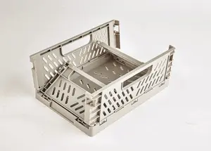 3 x Small Folding Storage Baskets - Grey Plastic Collapsing Home Storage Portable Crate Organizer Boxes - H8.7 x W14.7 x D22.2cm