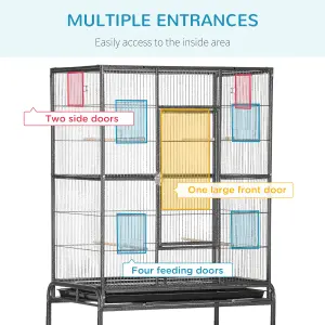 PawHut Rolling Bird Cage w/ Detachable stand Storage Shelf Wood Perch Food Cup