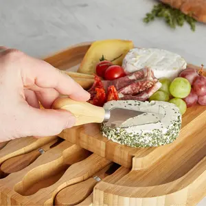 Bamboo Cheese Board, Rectangular Serving Tray With Stainless Steel Knife Set, Easy Clean Charcuterie Serving Board With Knife Drawer & Gift Box