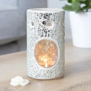 Silver Pillar Crackle Glass Oil Burner (Height) 14.5 cm