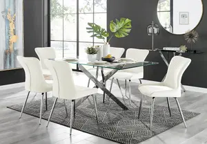 Furniturebox UK Leonardo Glass And Chrome Metal Dining Table And 6 Cream Nora Velvet Silver Leg Chairs