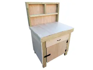 Wooden MDF top storage workbench with lockable cupboard and drawers (V.4)  (H-90cm, D-70cm, L-90cm) with back