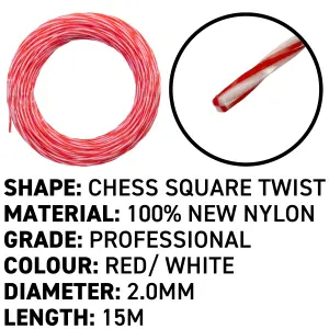 15m of strimmer/trimmer line,red/white twist line gives you more cutting edge for cleaner and quicker cut (2.0mm)