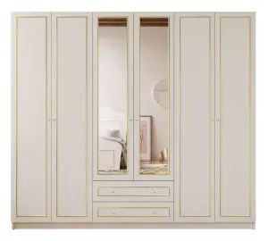 MARIE 6 Door 2 Drawer Mirrored Gold White Wardrobe