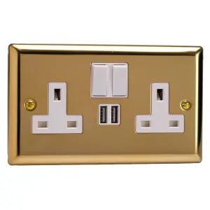 Varilight 2-Gang 13A Single Pole Switched Socket + 2x5V DC 2100mA USB Charging Ports  Victorian Brass