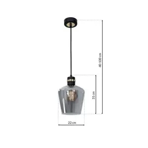 Milagro Richmond Black/Gold Pendant Lamp 1XE27 Stunning Hand Made Smoked Glass Quality Matt Black Fittings With Gold Detail