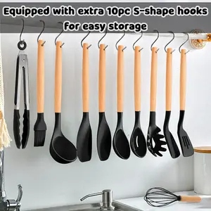 36Pcs Silicone Kitchen Utensil Set, Wooden Handle Cooking Utensils Spatula Set With Holder, Heat Resistant Kitchen Tools Safe For Non-Stick Cookware, Non-Toxic & Easy Clean, Black