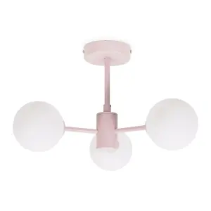 ValueLights Marlow Blush Pink 3 Way Ceiling Light with White Frosted Glass Globe Lampshades - LED Bulbs Included