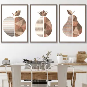 Set of 3 Framed  Framed Geometric Wood Grain Effect Fruit / 50x70cm / Walnut