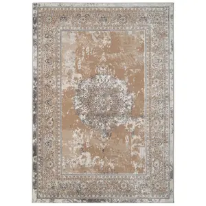 Neutral Beige Traditional Medallion Bordered Living Area Rug 120x170cm