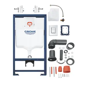 Bubly Bathrooms™ Rimless Wall Hung Toilet & Soft Close Seat with GROHE 1.13m Concealed WC Cistern Frame & Reversible Plate