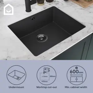 GoodHome Sorrel Black Composite quartz 1 Bowl Kitchen sink 550mm x 460mm