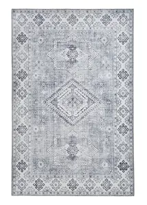 Silver Traditional Rug Persian Geometric Bordered Rug for Living Room Bedroom and Dining Room-60 X 225cm (Runner)