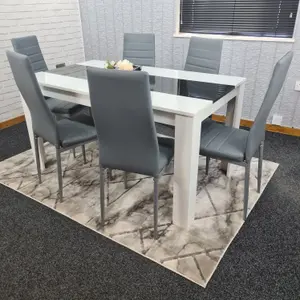 Modern White and Black Wood Dining Table With 6 Grey Faux Leather Metal Chairs