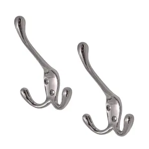 2 x Polished Chrome Metal Triple Hat and Coat Hooks, Door Robe Dress Hangers