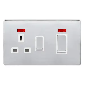 Polished Chrome Screwless Plate Cooker Control Ingot 45A With 13A Switched Plug Socket & 2 Neons - White Trim - SE Home