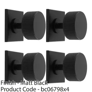 4 PACK - Reeded Radio Cabinet Door Knob & Matching Backplate Lined Matt Black 40 x 40mm