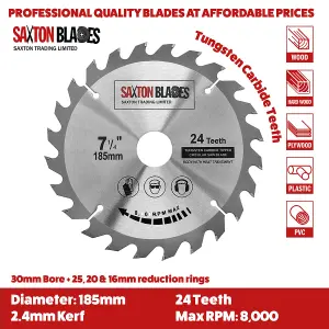 Saxton TCT18524T TCT Circular Saw Blade 185mm x 24 Teeth x 30mm Bore + 16, 20 and 25mm Rings