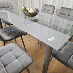 Grey Clear Glass Dining Table With 6 Grey Tufted Velvet Chairs Dining Set