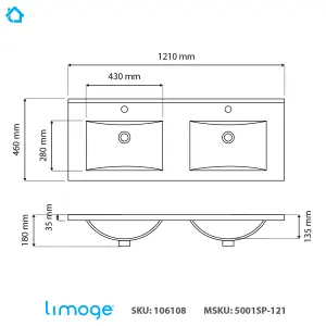 5001 Ceramic 120cm x 45cm Mid-Edge Double Inset Basin with Scooped Bowl