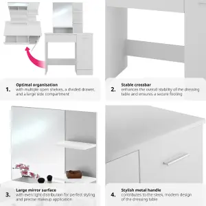 Dressing Table Zoe - drawer, mirror, cupboard and storage shelves - white