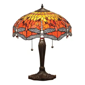 Luminosa Dragonfly 2 Light Medium Table Lamp Dark Bronze, Yellow, Tiffany Style Glass, E27