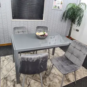 Grey Dining Table and 4 Grey Velvet Chairs Kitchen Dining Set of 4 Glass Table