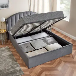 Grey Single Ottoman Bed With Curved Headboard & Wings