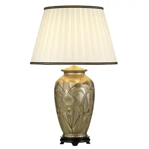 Table Lamp Ivory with Black and Gold trim Shade Silver LED E27 60w Bulb