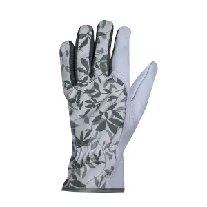 Mulch Leather Gardening Gloves Lavender & Green Leaf Design Spandex Stretch Medium Size 8 - 1 Pair