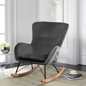 Velvet Upholstered Rocking Chair Rocker Relaxing Chair Occasional Armchair in Dark Grey