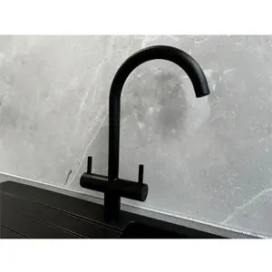 Liquida W03BL Swivel Spout Swan Neck Twin Lever Black Kitchen Mixer Tap