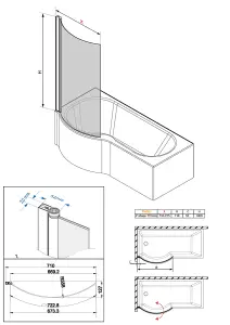 Rinse 1400x715mm 6mm Curved Toughened Safety Glass Pivot Bath Screen Panel for P-Shaped Bath Chrome