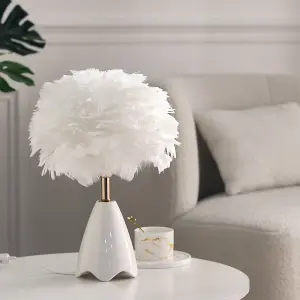 White Chic LED Feather Bedroom Bedside Table Lamp with Ceramic Base 30cm x 40cm