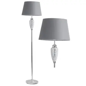 First Choice Lighting Pair of Mirrored Crackle Glass Floor Lamp with Grey Shades