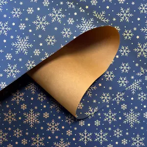 15m Eco-Friendly Kraft Christmas Wrapping Paper Roll with Blue Snowflake Design - Recyclable Brown Gift Wrap, 43cm Wide