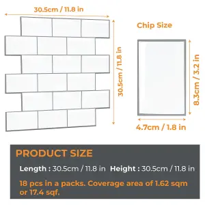 3D Tile Stickers Peel & Stick Backsplash London Metro Classic Brick Brilliant White 18 Sheets 30.5cm(12")