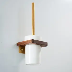 Nes Home Luxury Toilet Brush, Holder and Ceramic Bowl Wooden Walnut & Gold