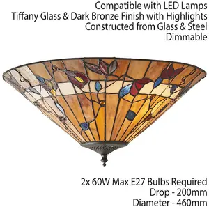 Tiffany Glass Semi Flush Ceiling Light Warm Floral Round Inverted Shade i00034