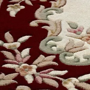 Handmade Bordered Floral Easy to Clean Cream Red Traditional Wool Rug for Living Room & Bedroom-160cm X 235cm