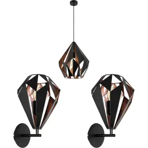 Ceiling Pendant & 2x Matching Wall Lights Black & Copper Shard Geometric Shade