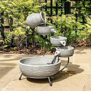 Poseidon Cascade Solar Powered Garden Water Feature with Ribbed Effect Grey Solar Water Fountain