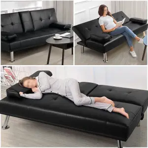 Yaheetech Black Faux Leather Convertible Sofa Bed with Drop-down Cup Holders and Pillows