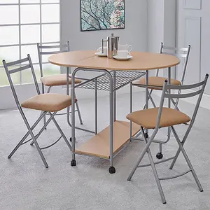 Greenhurst Stowaway Dining Set, Oak Drop Down Table with Silver Frame, Four Folding Chairs Stack Underneath, Compact Footprint